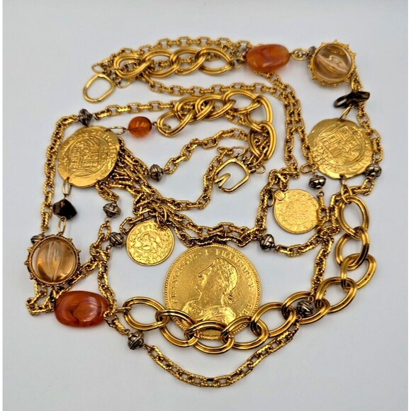 Vintage Les Bernard Gold Tone Multi Stand Coin Lucite Long Statement Necklace - Picture 4 of 16